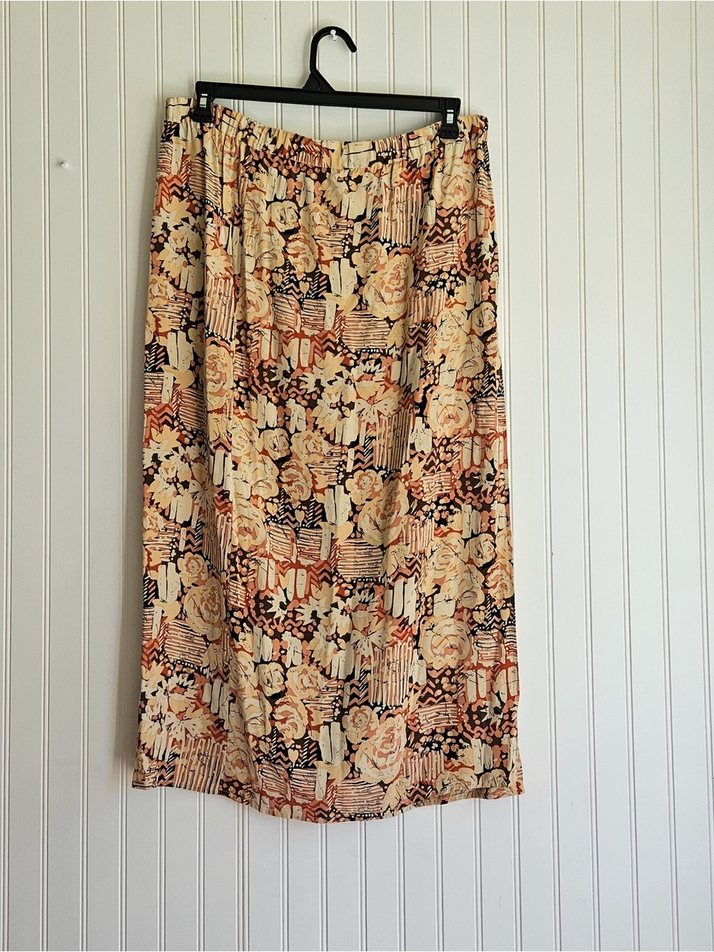 Vintage 100% Silk Abstract Floral Midi Skirt M neutral wrap style Amanda Fieldin